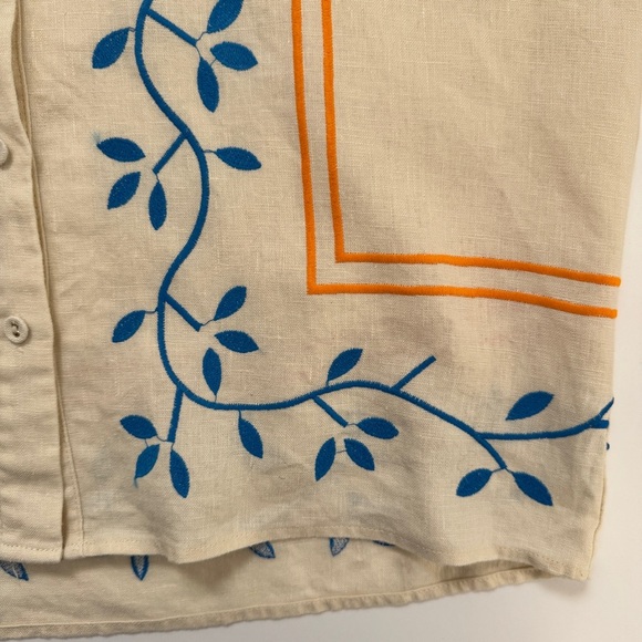 VRG Grl Blouse Sunsets Capri Linen Natural Button Down Collared Embroidered Sz 8 - Picture 9 of 16